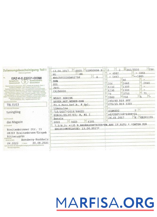 Blank Germany vehicle registration certificate version 2 real example